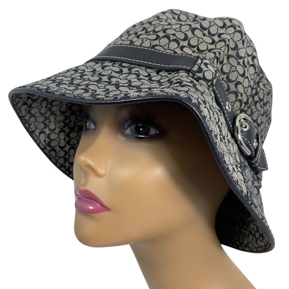 COACH Mini Signature Logo SOHO Bucket Hat Black Leather Buckle Band Women SZ M/L